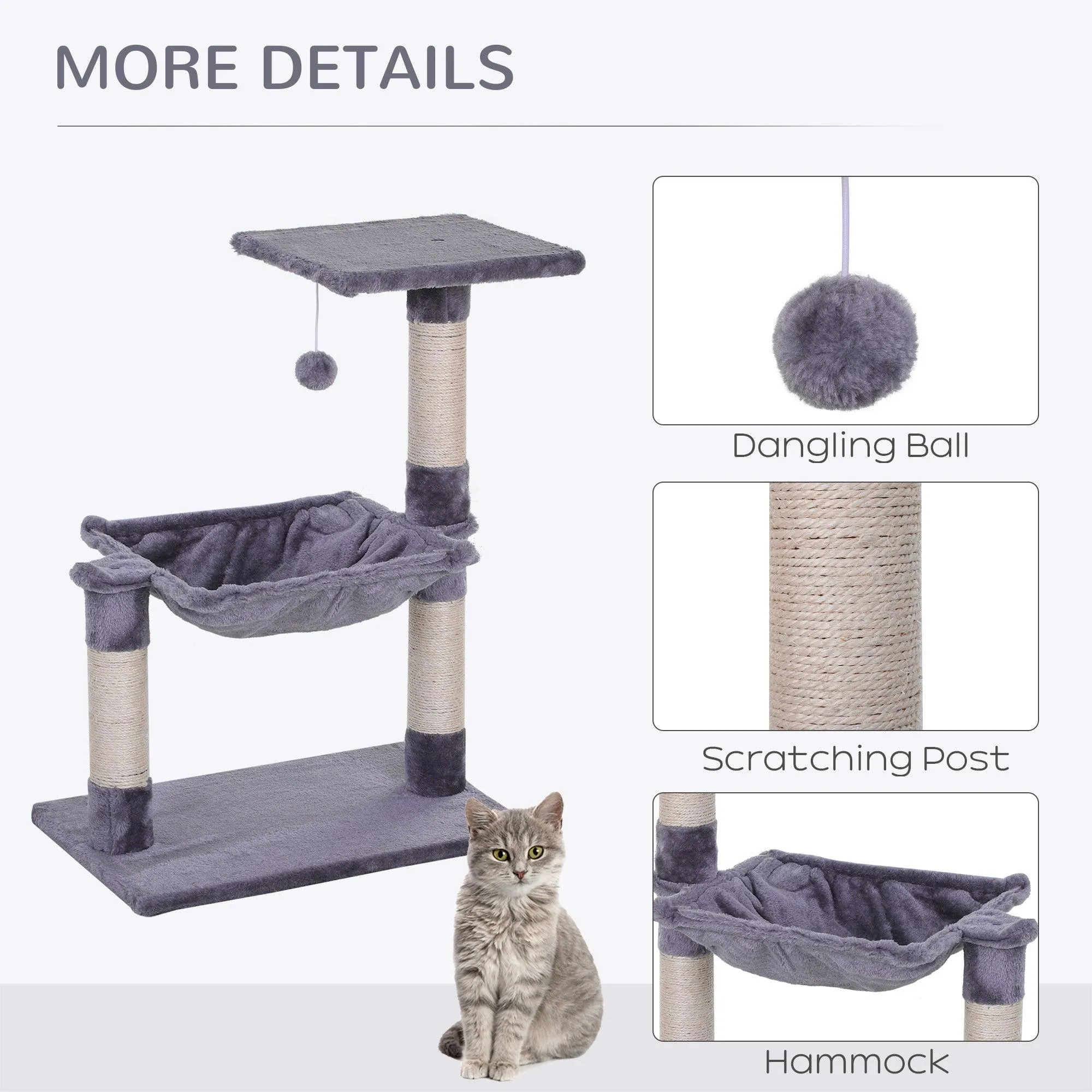 2-Tier Cat Tree Scratching Post w/ Dangle Toy - Grey