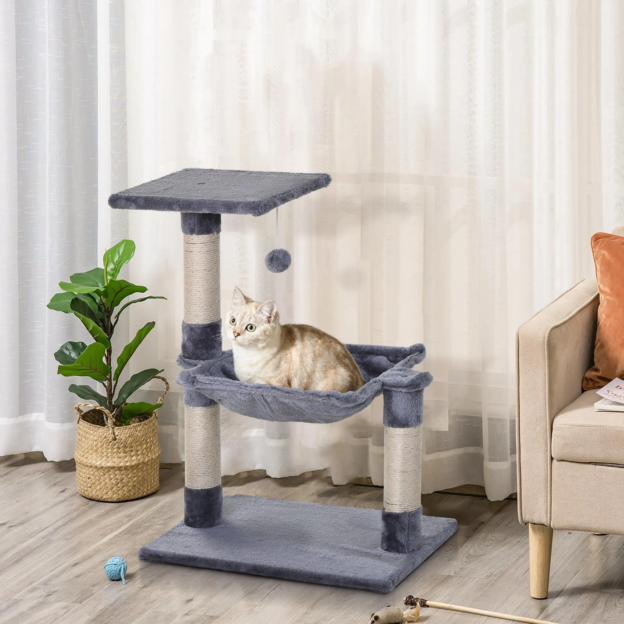 2-Tier Cat Tree Scratching Post w/ Dangle Toy - Grey