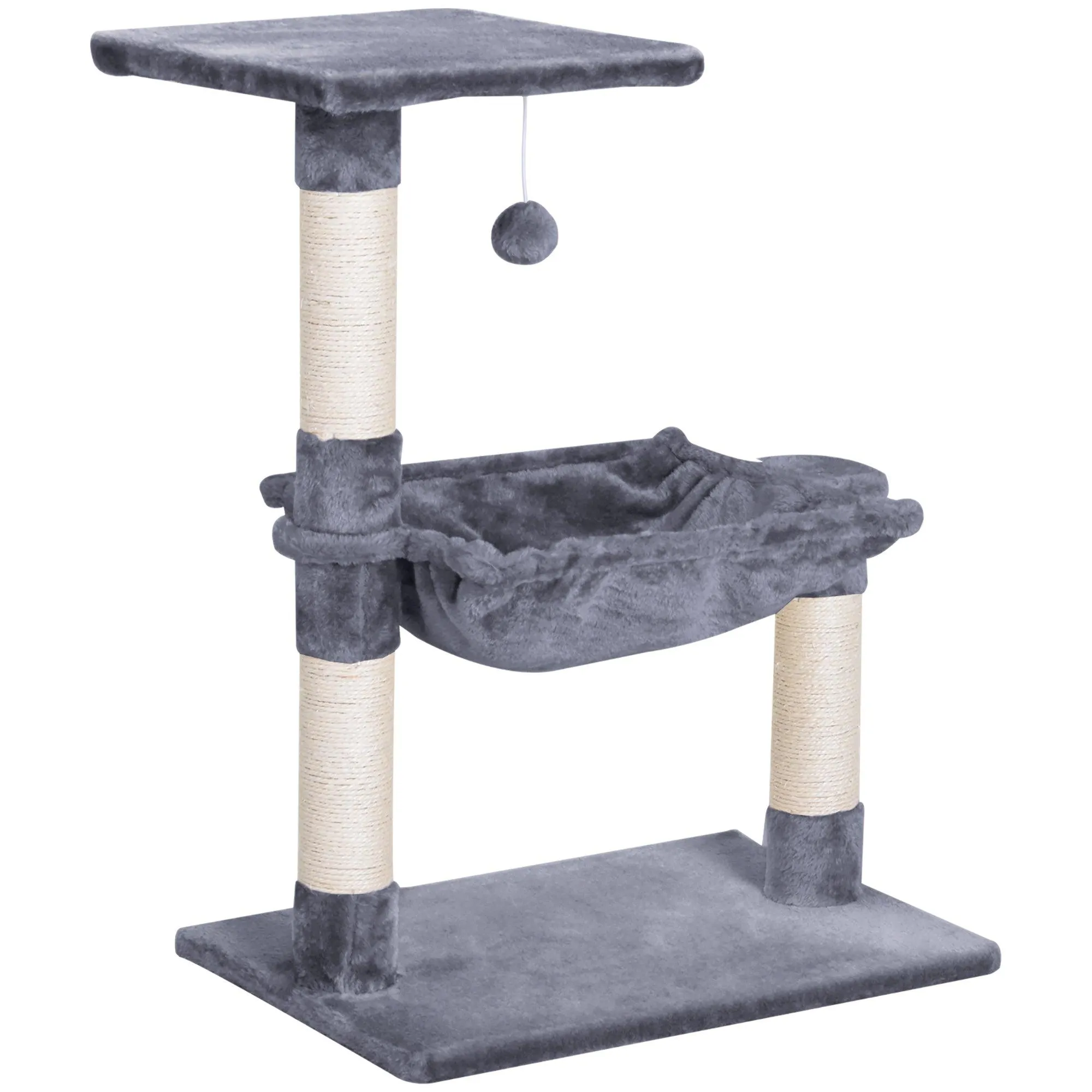 2-Tier Cat Tree Scratching Post w/ Dangle Toy - Grey