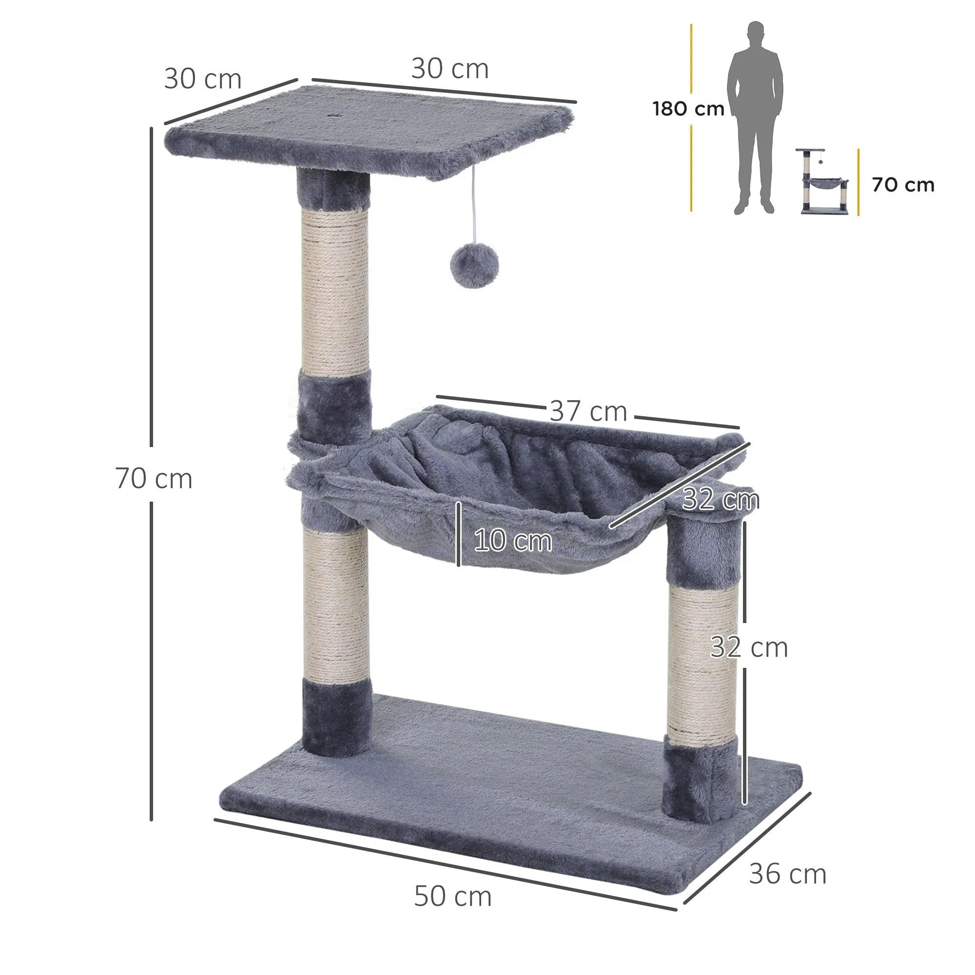 2-Tier Cat Tree Scratching Post w/ Dangle Toy - Grey