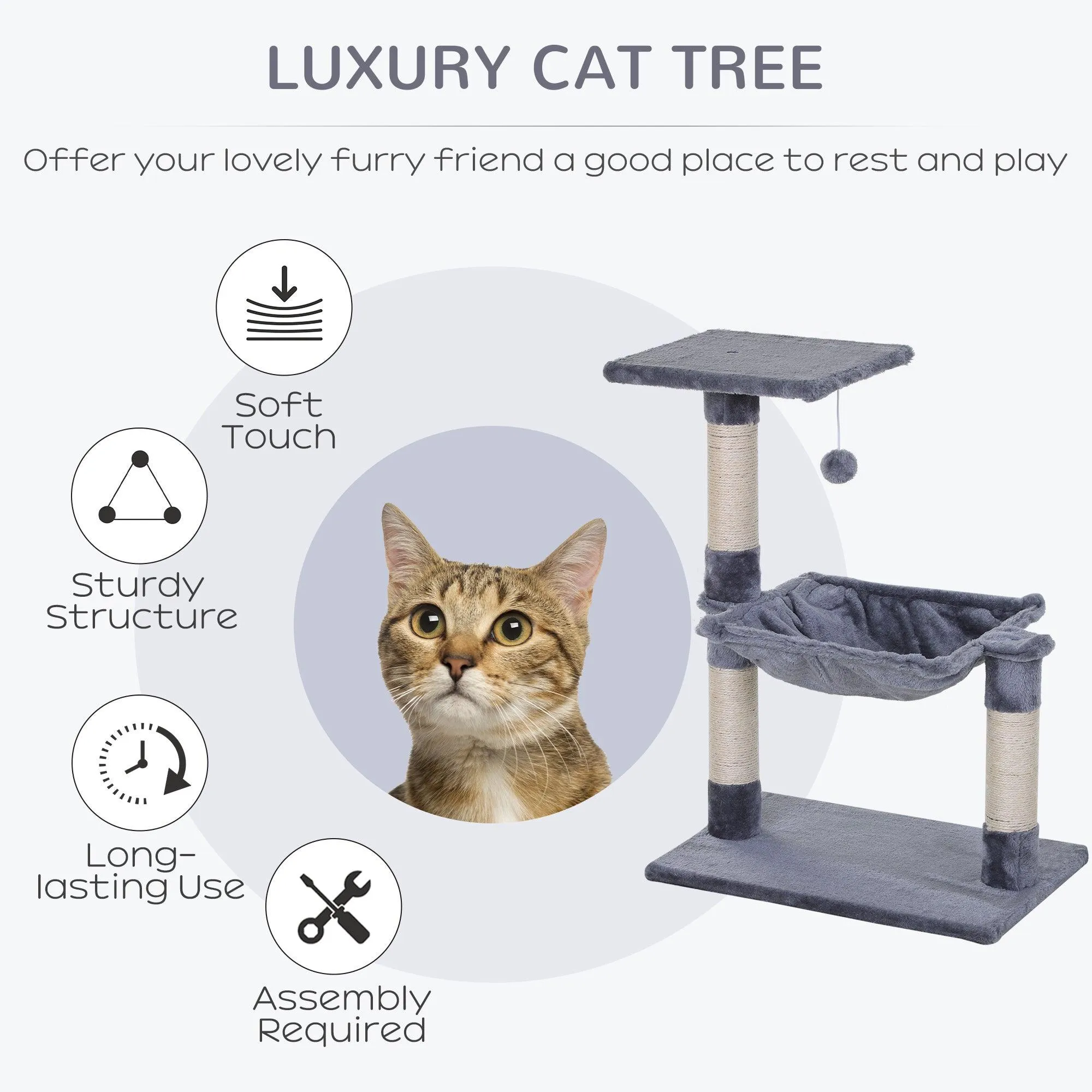 2-Tier Cat Tree Scratching Post w/ Dangle Toy - Grey