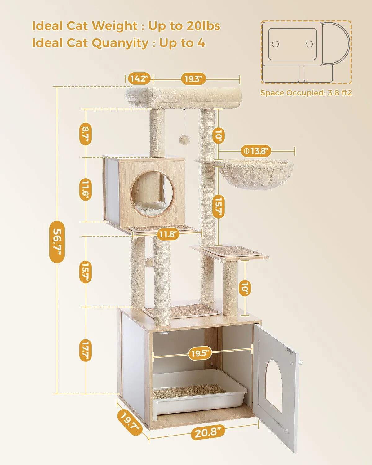 56" Multi Level Cat Scratching Post / Tree / Pole