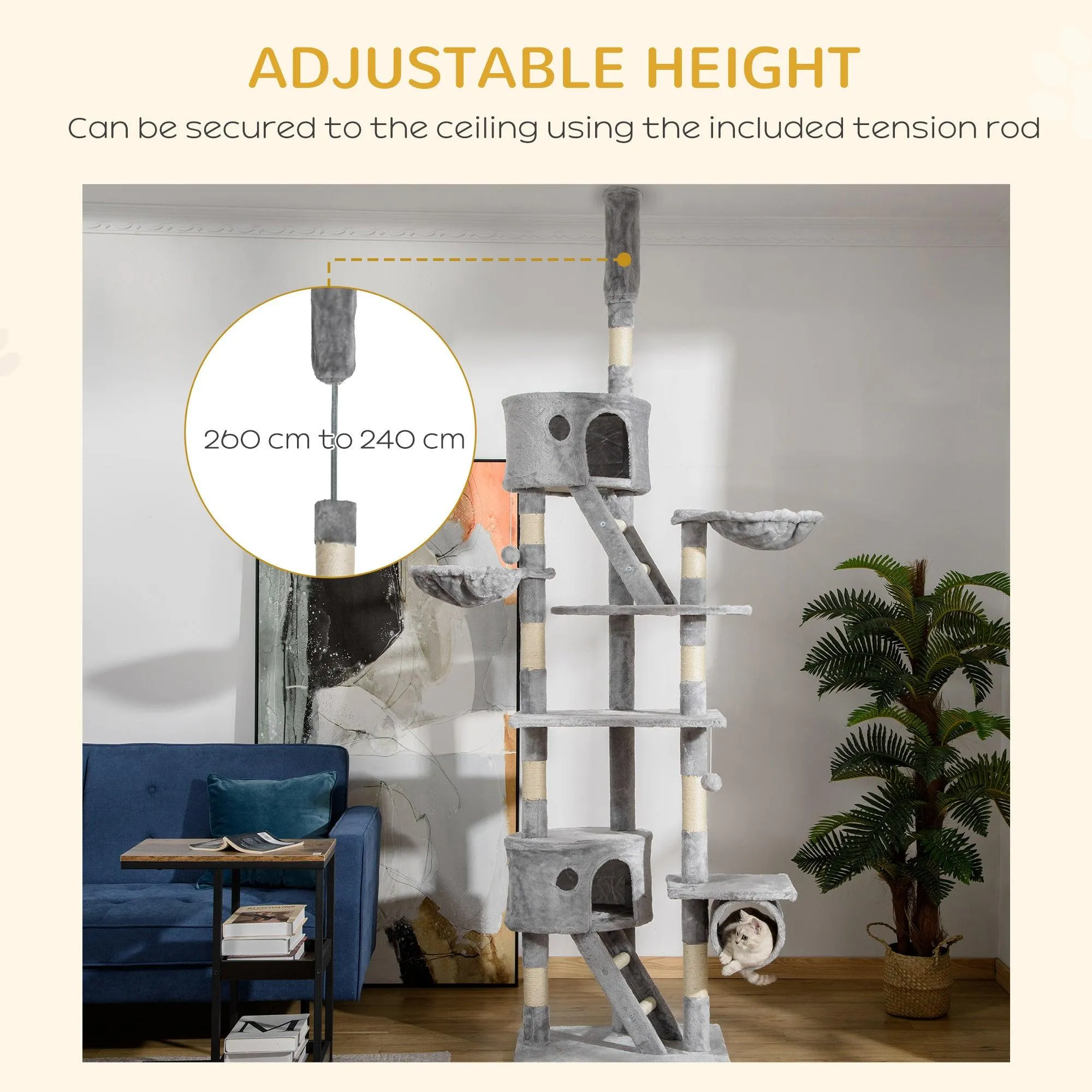 Adjustable Height Cat Tree, 240-260cm - Light Grey