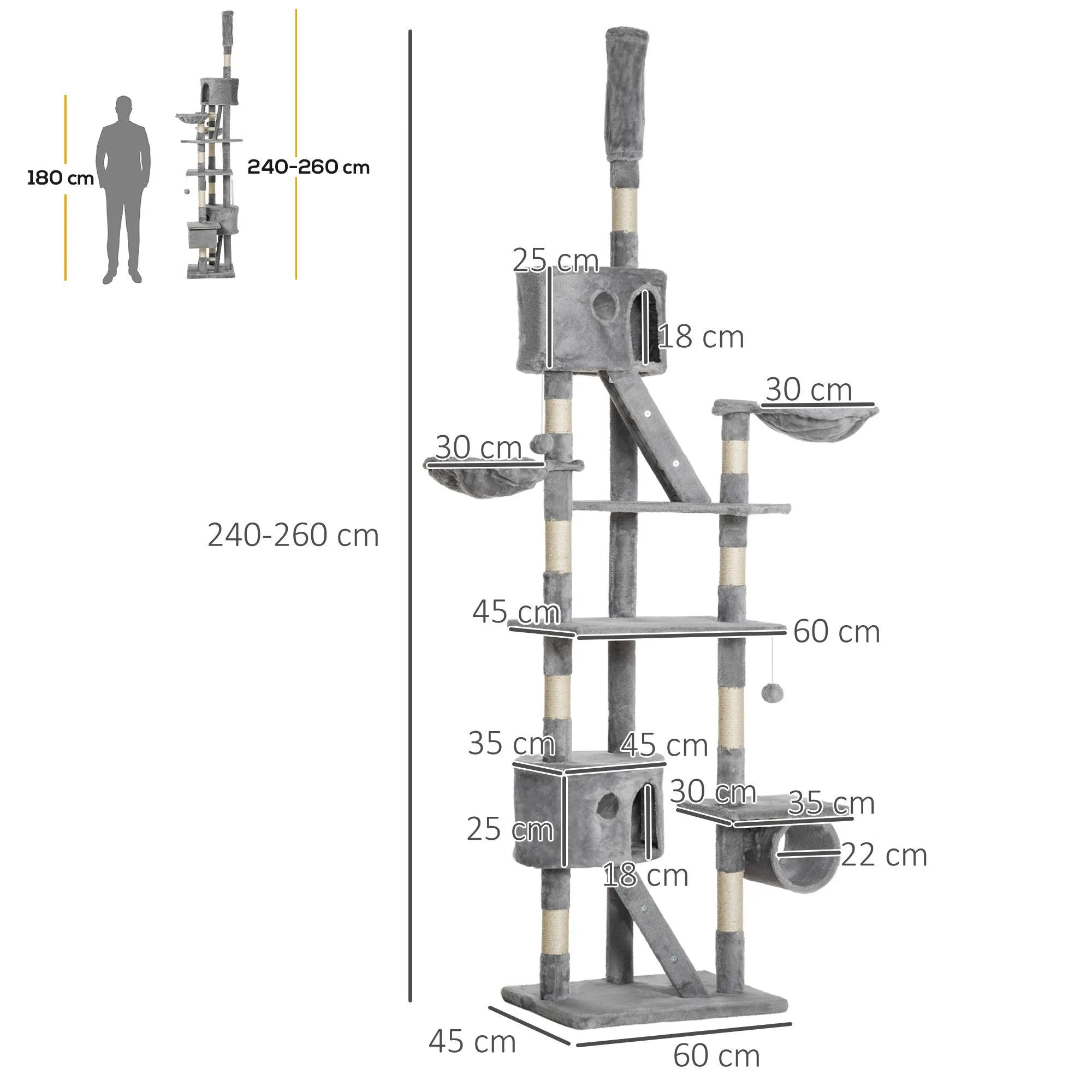 Adjustable Height Cat Tree, 240-260cm - Light Grey