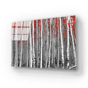 Birch Trees with Red Flowers Glass Wall Art