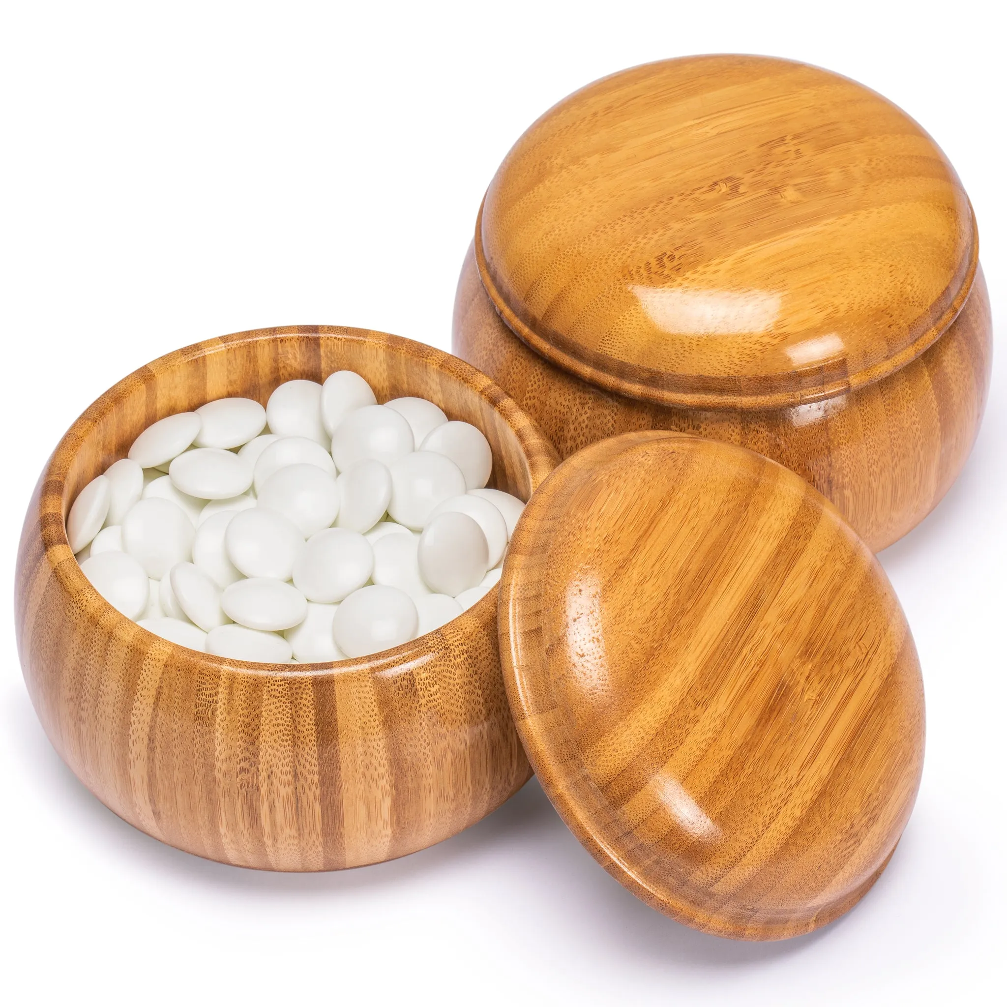 Double Convex Korean Hardened Glass Paduk Go Stones with Bamboo, "Gosu" Go Game Bowls - Size 33 (9.3mm) Stones