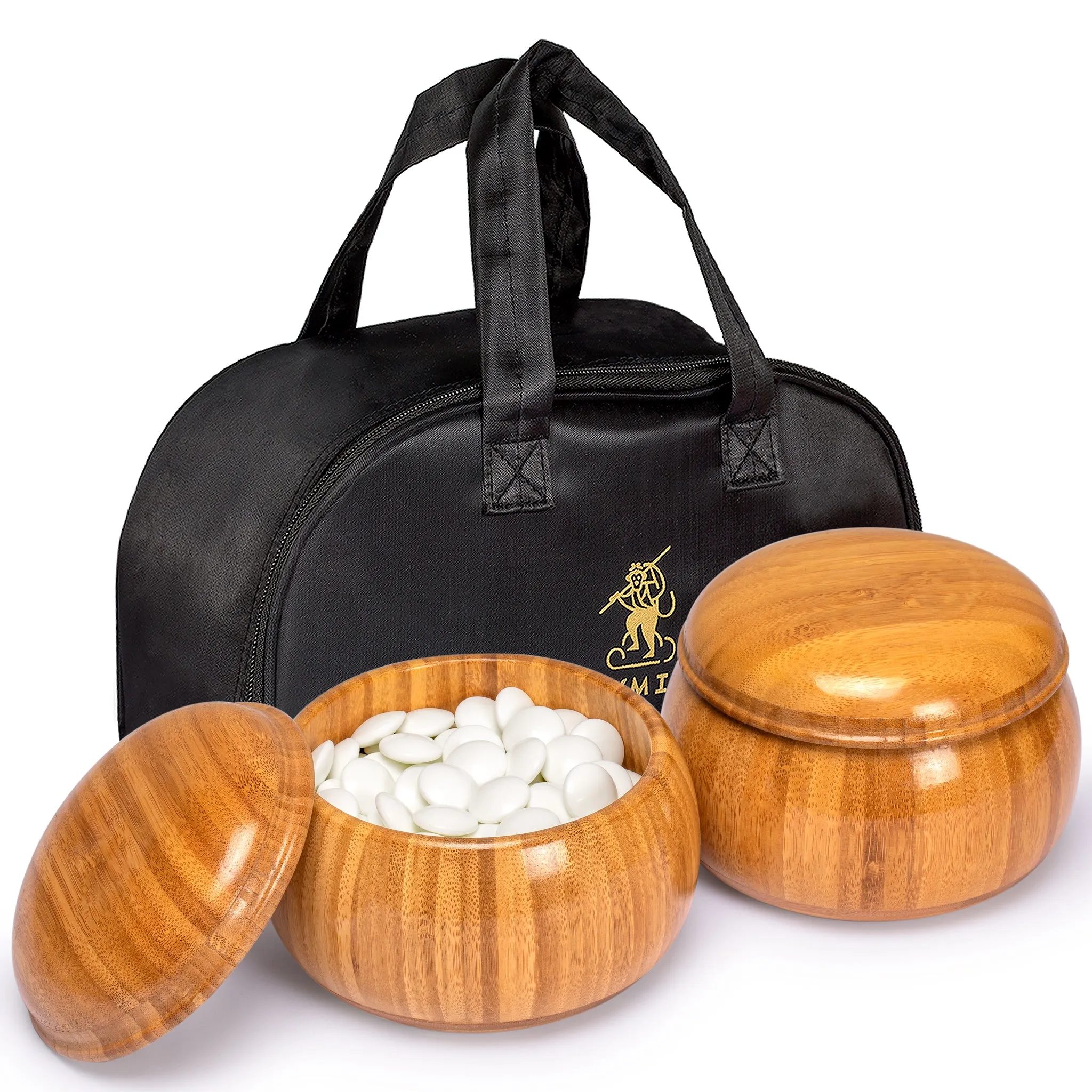 Double Convex Korean Hardened Glass Paduk Go Stones with Bamboo, "Gosu" Go Game Bowls - Size 33 (9.3mm) Stones