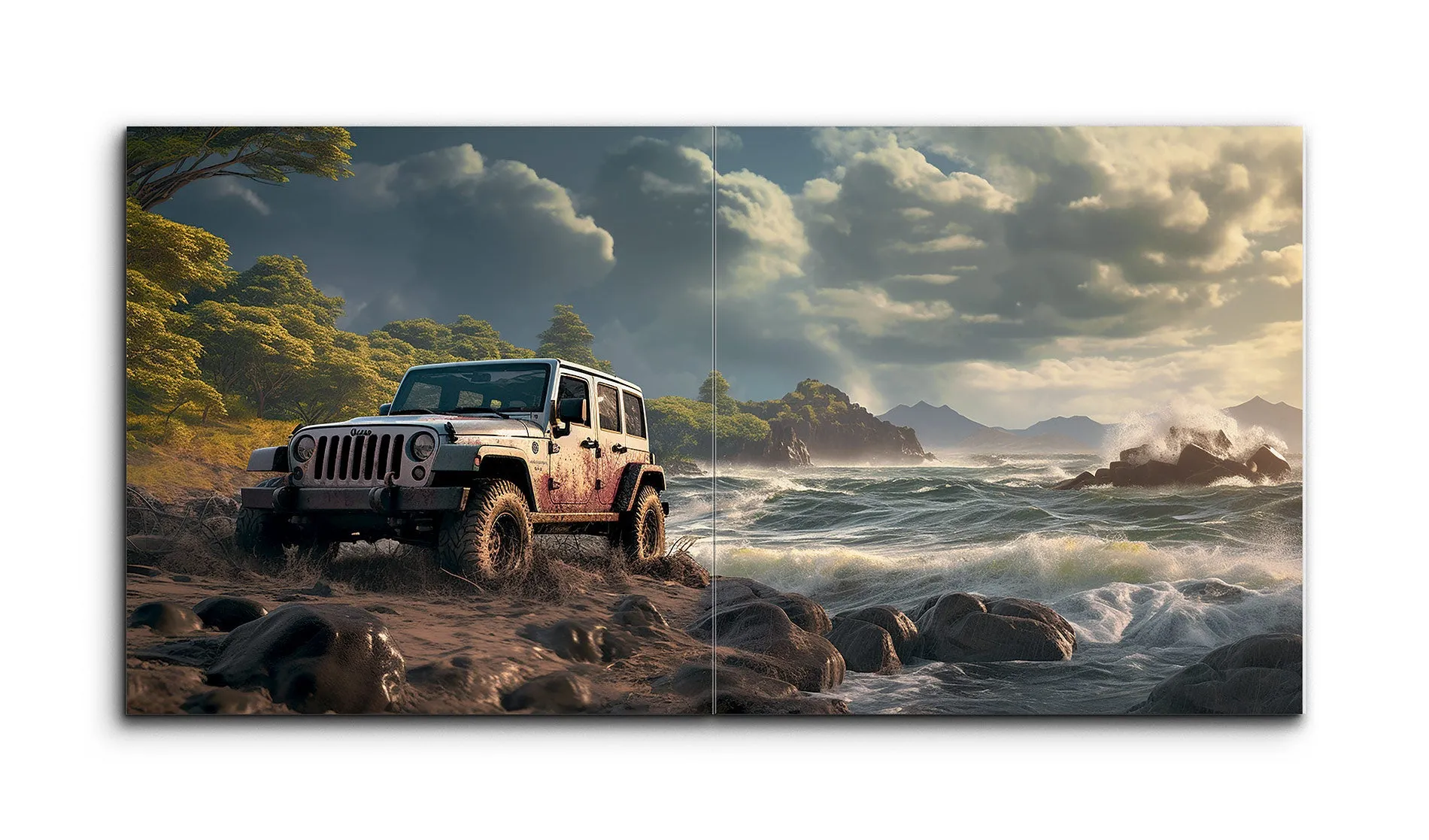 Jeep Adventure: Rocky Shoreline & Forest Dual Canvas