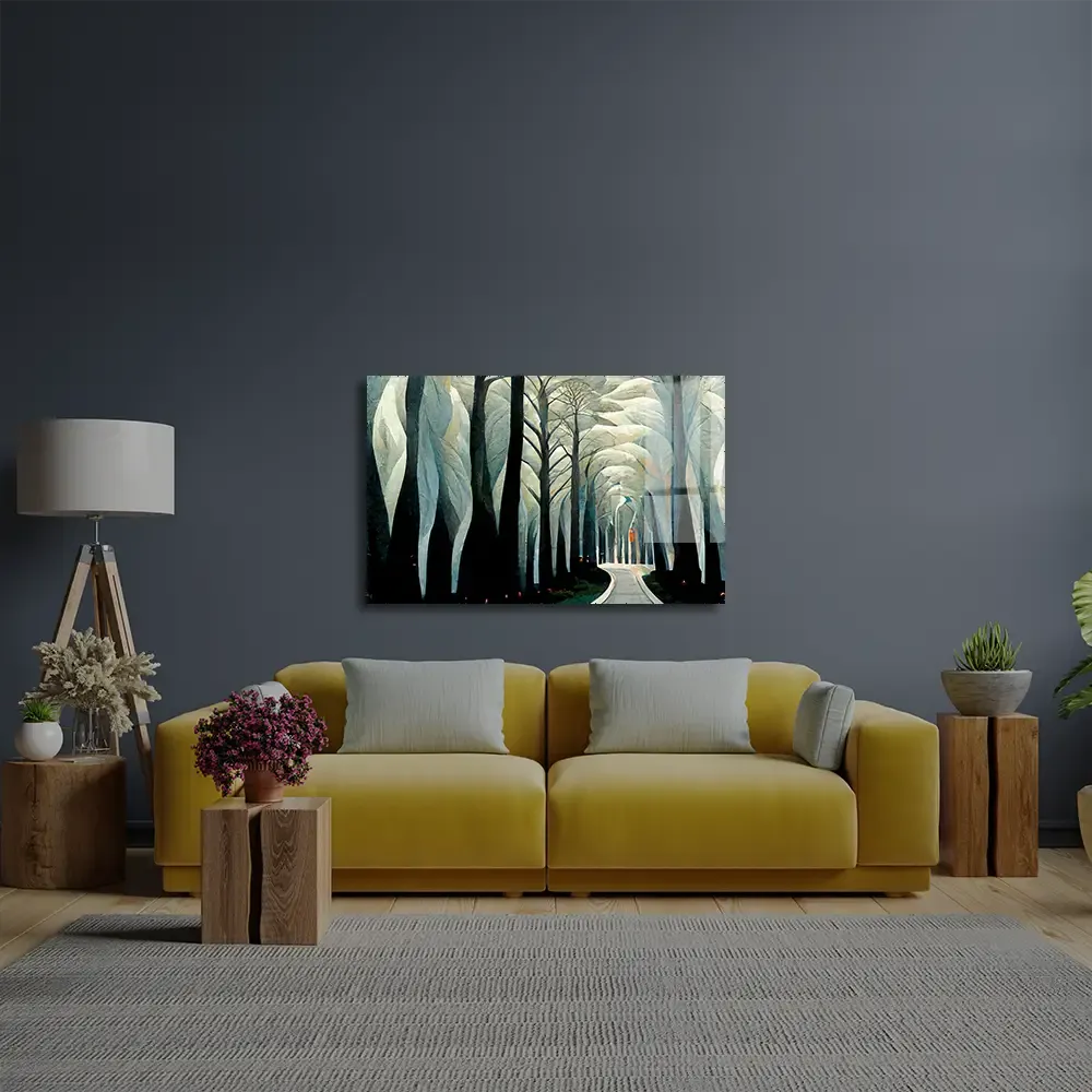 Pathway Stylized White Forest Birch Trees Art Deco Glass Wall Art