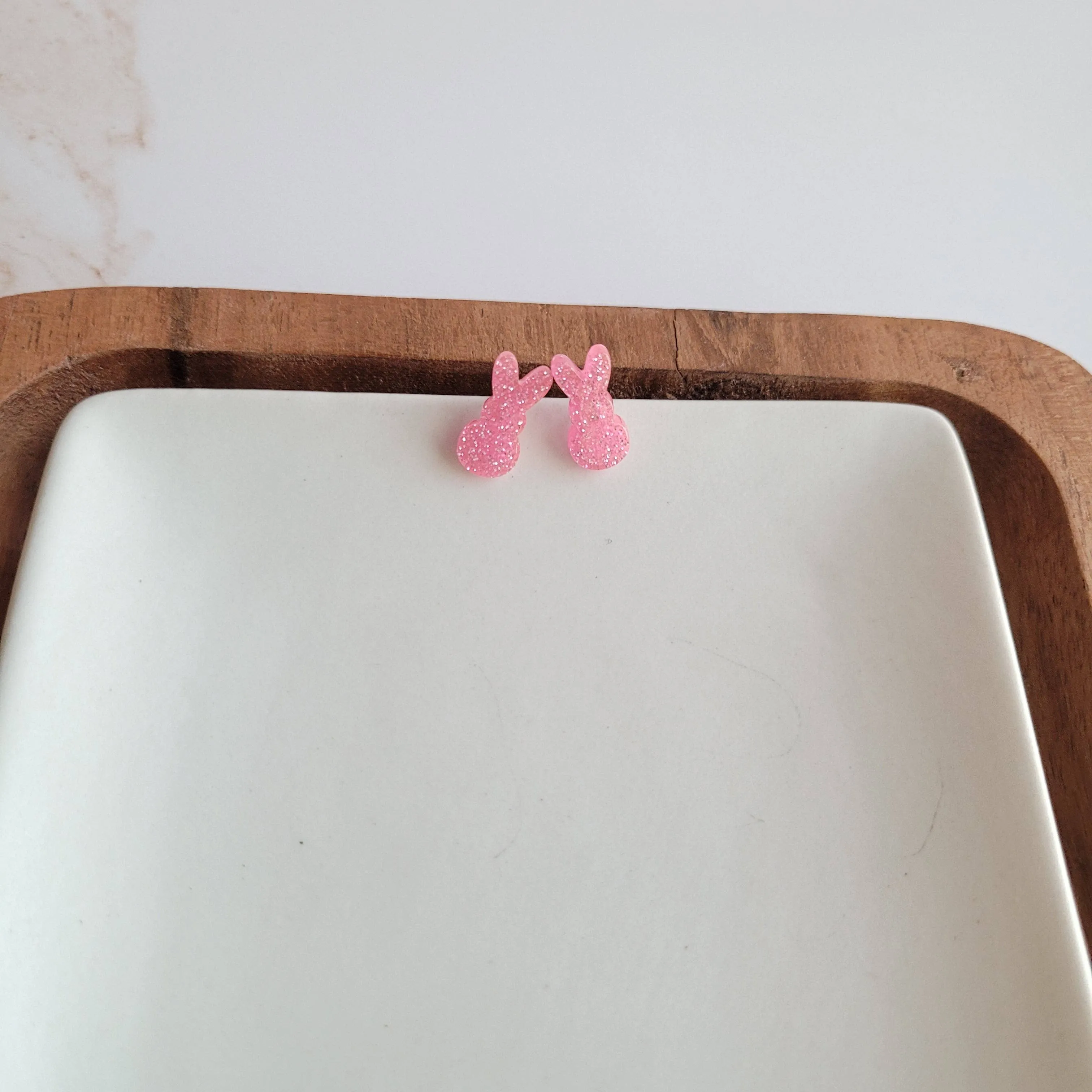 Pink Glitter Bunny Studs