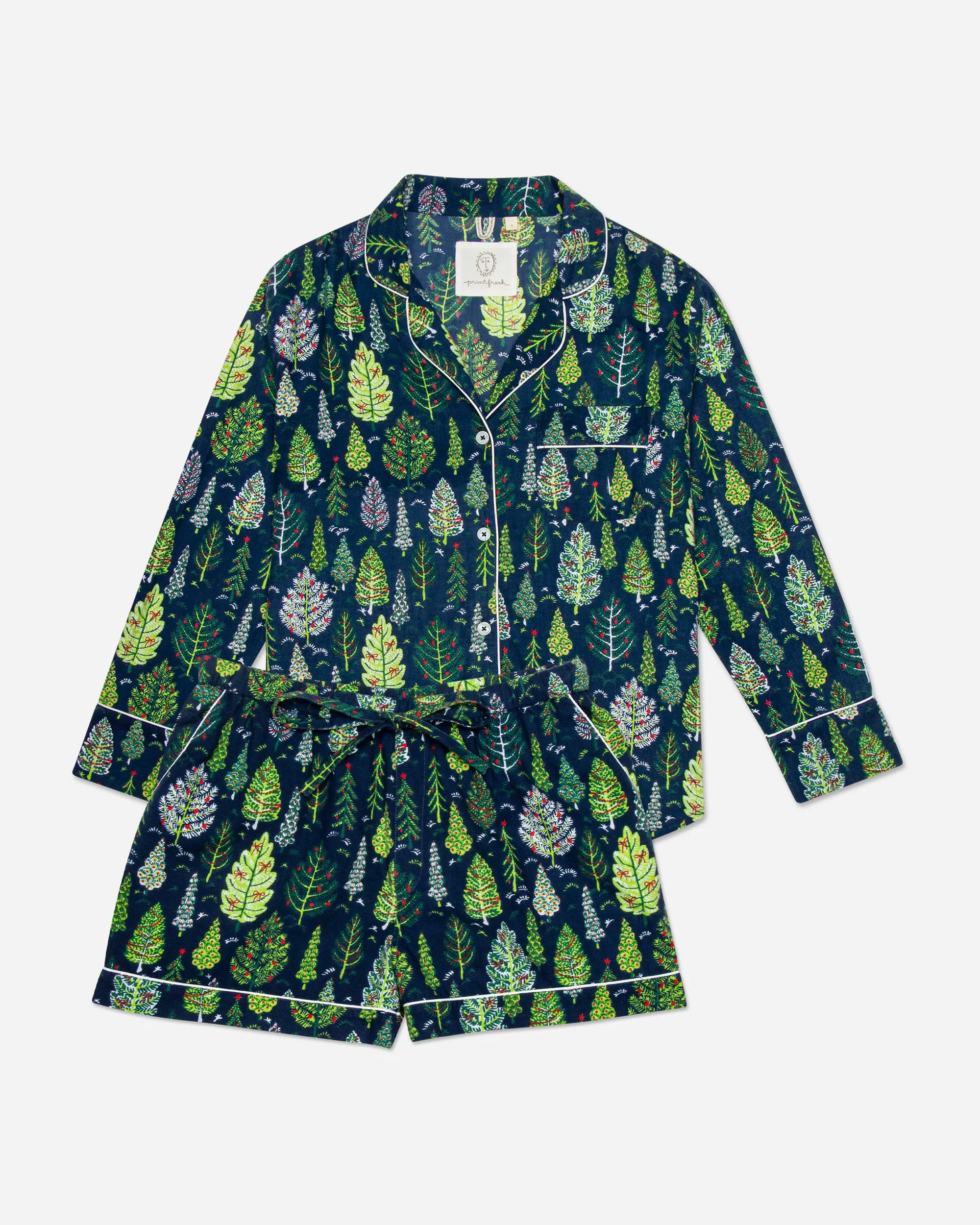 Twinkling Trees - Flannel Long Sleeve Top & Shorts Set - Indigo