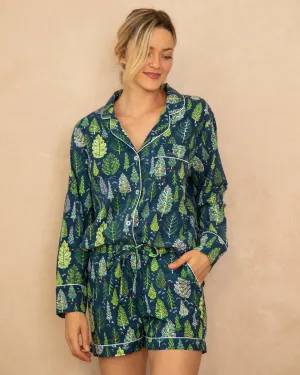 Twinkling Trees - Flannel Long Sleeve Top & Shorts Set - Indigo